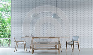 Modern white dining room decorate wall with brick pattern 3d rendering image photo