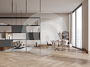 Modern white dining room interior with bookcase