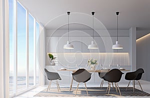 Modern white dining room with sea view 3d rendering image