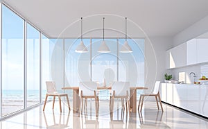 Modern white dining room with sea view 3d rendering image.There are large window overlooks to sea view.