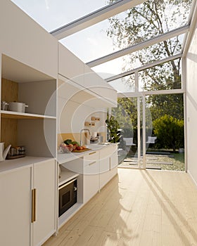 Modern white domestic home kitchen interior with green backyard in the background