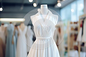 Modern White Dress on Mannequin in Boutique Fashion Store