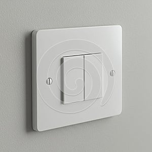 A modern, white, dual-switch light panel is mounted on a light gray, textured wall. The