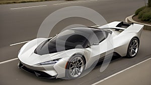 Modern White Electric Sports Car With Black Accents And Charging Cable In A Studio Lighting