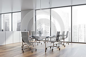 Modern white empty office interior with board table. 3D render