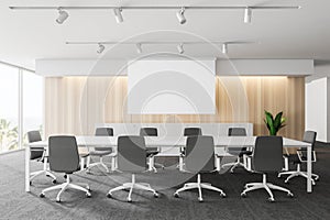 Modern white empty office interior with debates space. 3D render. Mockup poster