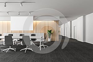 Modern white empty office interior with debates space. 3D render. Mockup poster