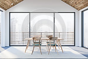 Modern white empty office interior with dinning space. 3D render. City view