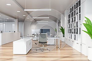 Modern white empty office interior with dinning space. 3D render. City view