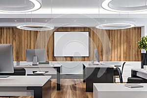 Modern white empty office interior with work space. 3D render. Mock up