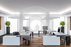 Modern white empty office interior. Work space with computers. 3D render. City view