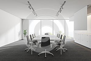 Modern white empty office interior with work space computers and furniture. 3D render