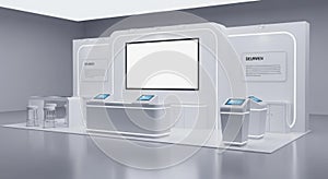 Modern White Exhibition Booth with Blank Screen and Interactive Kiosks