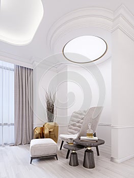 Modern white fashionable armchair with footrest, low table with decor and a golden vase with dry twigs. White modern interior with