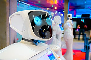 Close-up of humanoid smart robot head. Robots at the high technology exhibition