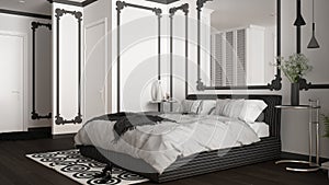 Modern white and gray bedroom in classic room with wall moldings, parquet, double bed with duvet and pillows, minimalist bedside