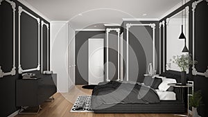 Modern white and gray bedroom in classic room with wall moldings, parquet, double bed with duvet and pillows, minimalist bedside