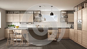 Modern white and gray kitchen with wooden details and parquet floor, modern pendant lamps, minimalistic interior design concept