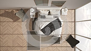 Modern white and gray minimalist bedroom, bed with pillows and blankets, herringbone parquet floor, bedside tables, armchair and