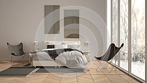 Modern white and gray minimalist bedroom, bed with pillows and blankets, parquet, bedside tables and carpet. Panoramic window with