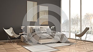 Modern white and gray minimalist bedroom, bed with pillows and blankets, parquet, bedside tables and carpet. Panoramic window with