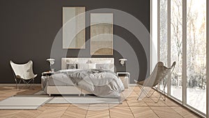 Modern white and gray minimalist bedroom, bed with pillows and blankets, parquet, bedside tables and carpet. Panoramic window with