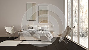 Modern white and gray minimalist bedroom, bed with pillows and blankets, parquet, bedside tables and carpet. Panoramic window with