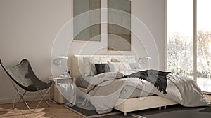 Modern white and gray minimalist bedroom, bed with pillows and blankets, parquet, bedside tables and carpet. Panoramic window with