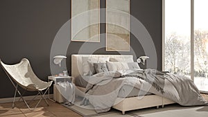 Modern white and gray minimalist bedroom, bed with pillows and blankets, parquet, bedside tables and carpet. Panoramic window with