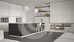 Modern white, gray and wooden kitchen with shelves and cabinets, island with stools. Contemporary living room, minimalist