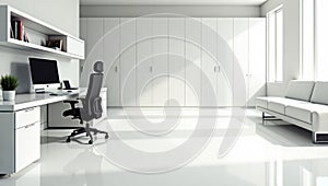 Modern white home office with computer desk and sofa