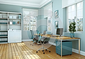 Modern white home office interior design 3d Rendering