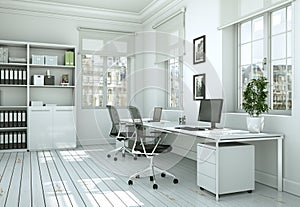 Modern white home office interior design 3d Rendering