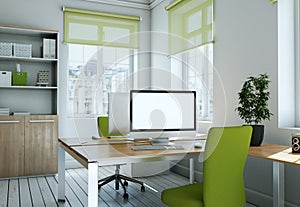Modern white home office interior design 3d Rendering