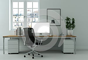 Modern white home office interior design 3d Rendering photo