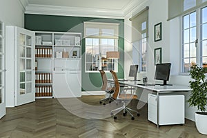 Modern white home office interior design 3d Rendering