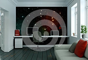 Modern white home office with sofa interior design 3d Rendering