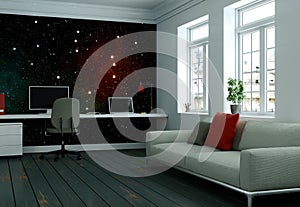 Modern white home office with sofa interior design 3d Rendering