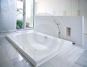 Modern white house bathroom bathtub with courtyard skylight