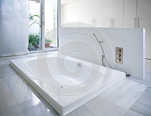 Modern white house bathroom bathtub with courtyard skylight photo
