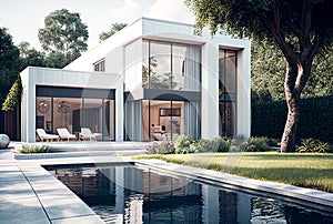 Modern white house with a beautiful swimming pool and garden. Garden and tree. Real estate