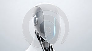 Modern White Humanoid Robot Head with Glowing Blue Light Showing Advanced Artificial Intelligence Technology