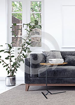 Modern white interior with black sofa