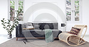 Modern white interior with black sofa