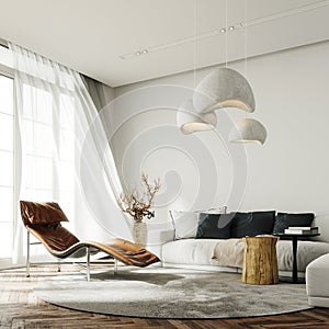 Modern white interior with brown leather armchair and contemporary lightning.