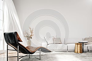 Modern white interior with brown leather armchair and empty mockup wall background
