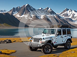 Modern white jeep in Alaska landscape