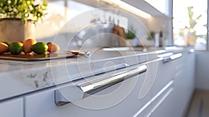 Modern white kitchen cabinet detail with sunlight and citrus fruits
