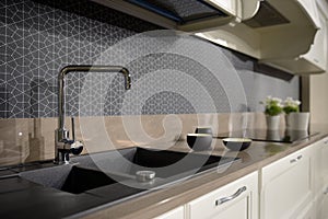 Modern white kitchen interior design.