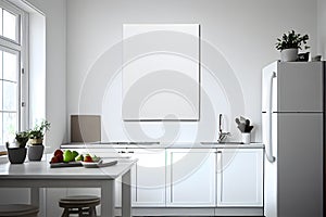 Modern white kitchen interior with empty poster mockup. AI Generative